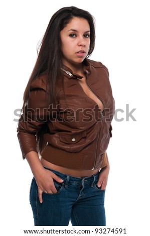 Pretty young petite Latina in a brown leather jacket