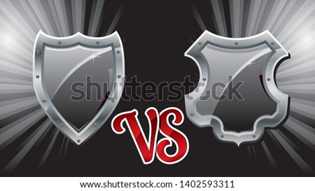 16:9 background with two team steel shields for versus fight battle, vector illustration, Versus vs background. Guild defender signs for Medieval games.