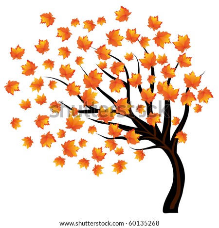 Lonely Tree With Falling Leaves On The Wind, Vector Illustration ...