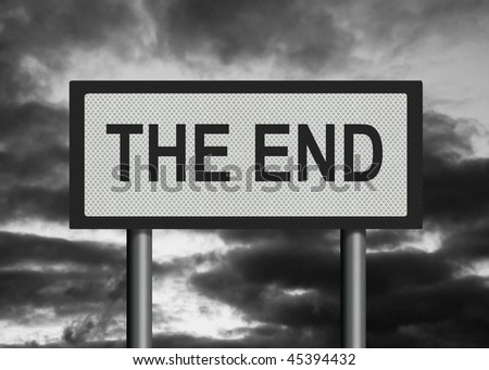 Photo-realistic image of a reflective metallic roadsign saying \'The End\', against a desaturated stormy sky.