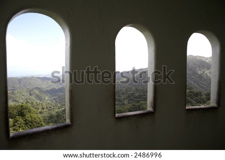 looking through the windows within the yokahu tower El Yunque rain forest, Puerto Rico Greater Antilles Caribbean lesser antillies west indies