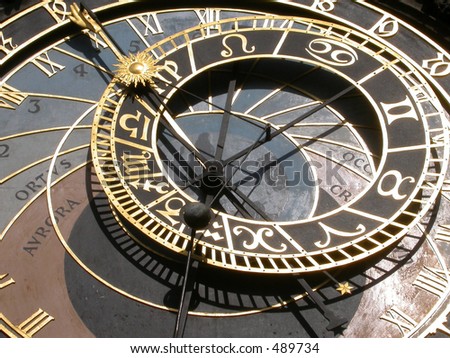 Medieval town clock face, with astrological symbols, Prague, Czech Republic.