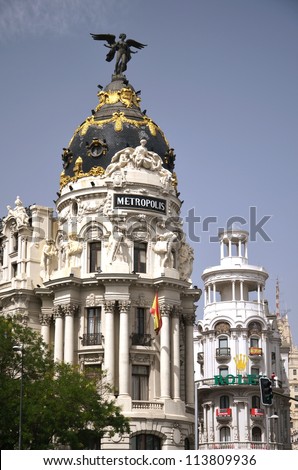 MADRID, SPAIN-AUGUST 20: Metropolis building situated on representative Gran Via street on August 20, 2012 in Madrid, Spain. It was built in the twenties of XX century.