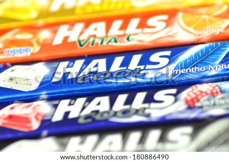 KWIDZYN, POLAND -Â?Â? MARCH 4 , 2014: Variety of Halls cough drops which are sold by Cadbury, now owned by Mondel?z International. Halls Brothers Company was founded in Britain in 1893