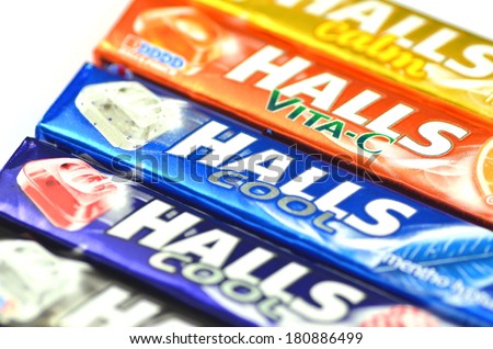 KWIDZYN, POLAND - MARCH 4 , 2014: Variety of Halls cough drops which are sold by Cadbury, now owned by Mondel?z International. Halls Brothers Company was founded in Britain in 1893