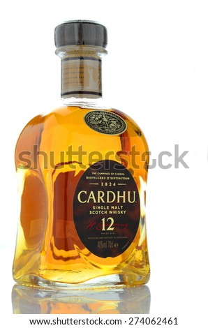 KWIDZYN, POLAND - APRIL 17, 2015: Cardhu  whisky isolated on white background. Cardhu is single malt scotch whisky produced in Speyside distillery near Archiestown, Moray, Scotland, founded in 1824.