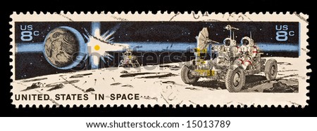 United States Stamp of Earth, Sun, Landing Craft, Lunar Rover and Astronauts on the Moon. Issued 1971