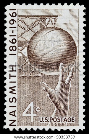 UNITED STATES - CIRCA  1960's : A stamp printed in United States. Basketball postal stamp. Honoring the inventor of basketball James Naismith.  United States - circa 1960's