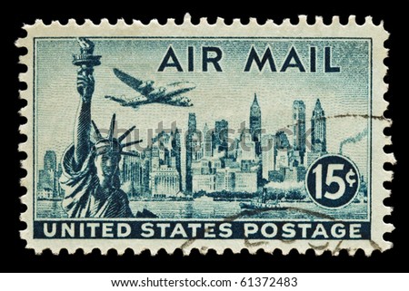 UNITED STATES - CIRCA 1950\'s : A stamp printed in United States. Statue of Liberty, New York Skyline airmail stamp. United States - CIRCA 1950\'s