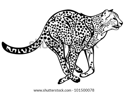 Raster - Running Cheetah Fine Illustration - Black And White Outline ...