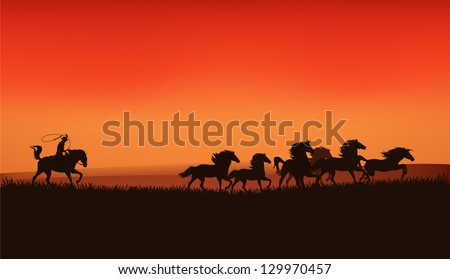 wild west prairie landscape - cowboy chasing the herd of mustang horses at the sunset - vector illustration