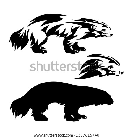 standing wolverine outline and silhouette and profile head black and white vector design