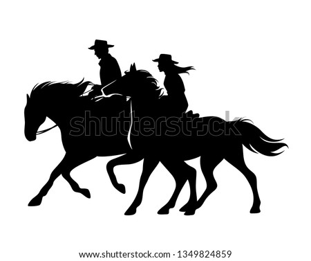 horseback cowboy and cowgirl - man and woman riding horses wild west theme black and white vector silhouette design