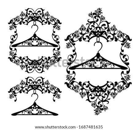 coat hanger in floral frame with rose flowers - fashion clothes atelier black and white vector design set