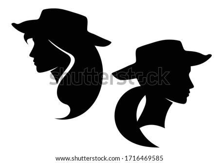 beautiful cowgirl profile head wearing cowboy hat - woman black and white vector silhouette portrait
