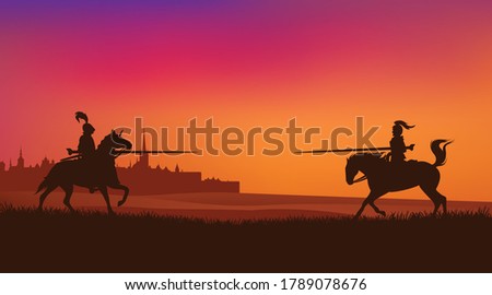 two horse riding knights jousting at sunset with ancient medieval town silhouette in the background - fairy tale fight scene vector design