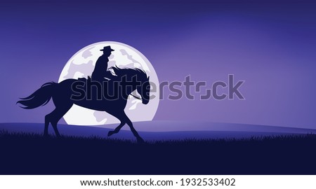 american cowboy riding horse in prairie against full moon - legend wild west scene silhouette landscape vector design