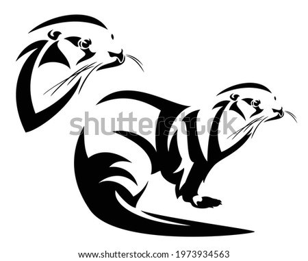 wild otter black and white vector outline - kalan head and side view portrait design