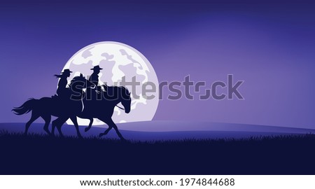 cowboy and cowgirl riding horse in prairie against full moon - romantic legend wild west scene silhouette landscape vector design