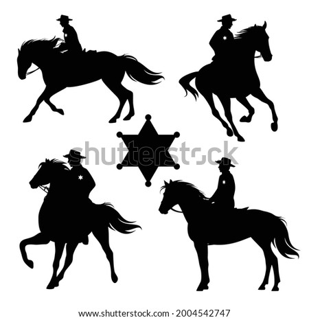 american sheriff officer riding horse - wild west mounted ranger black and white vector silhouette set