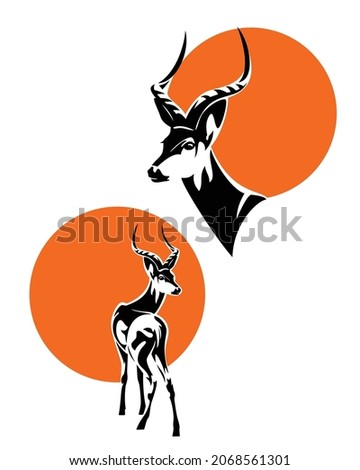 wild african antelope portrait with orange sun circle - impala profile head and standing animal vector design set