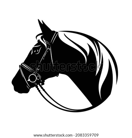 bridled horse profile head black and white vector outline portrait - equestrian sport emblem design