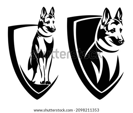standing german shepherd or belgian malinois head and simple heraldic shield - guard dog insignia badge modern black and white vector design Stock foto © 