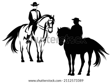 cowboy rider riding standing horse - wild west ranger black and white vector silhouette and outline design