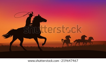 wild west landscape - cowboy chasing the herd of wild mustang horses at sunset - vector scene