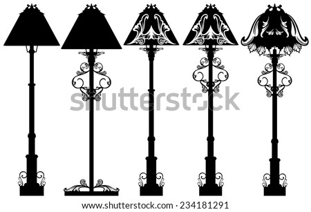 stand lamp black and white vector design set - detailed floor lamp silhouettes