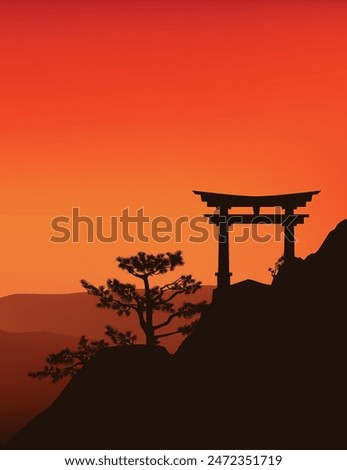 traditional japanese torii gate entrance to shinto shrine on pine tree covered rock cliff at sunset -  asian mountain landscape handdrawn vector silhouette scene