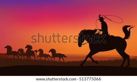 cowboy chasing the herd of mustang horses at sunset - wild west landscape vector