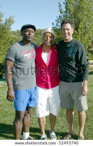 TOPANGA CANYON, CA - MAY 1: Jimmy Jean-Louis, J.R. Martinez and event organizer David Glickman at the 1st annual Kicks & Sticks for Hope charity soccer game held May 1, 2010 in Topanga Canyon, CA.