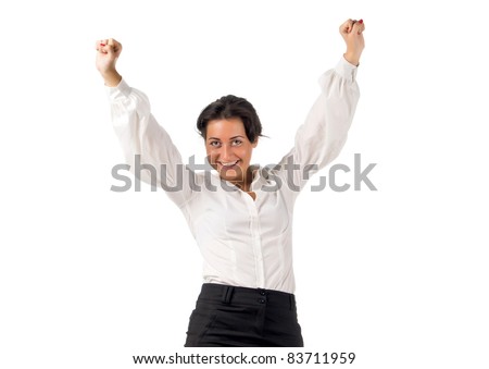 Happy dark haired white blouse and black skirt dressed  young business woman with hands up on white background