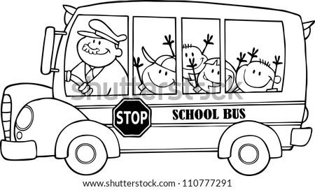 Outlined School Bus With Happy Children Stock Vector Illustration ...