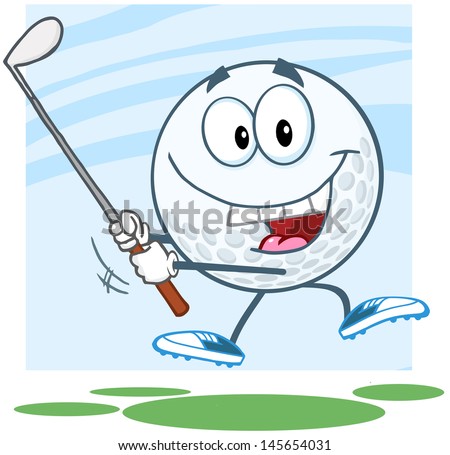 Happy Golf Ball Cartoon Character Swinging A Golf Club. Vector ...