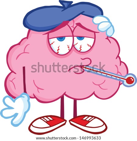 Sick Brain Cartoon Character With Thermometer. Vector Illustration