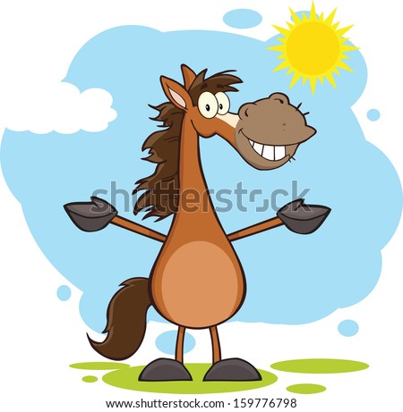 Smiling Horse Cartoon Mascot Character With Open Arms Over Landscape ...