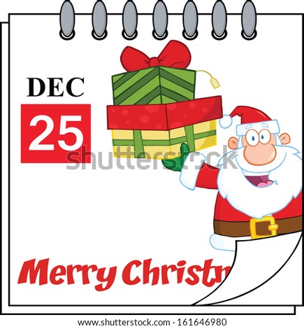 Christmas Holiday Calendar With Santa Claus Holding Up A Stack Of Gifts. Vector Illustration