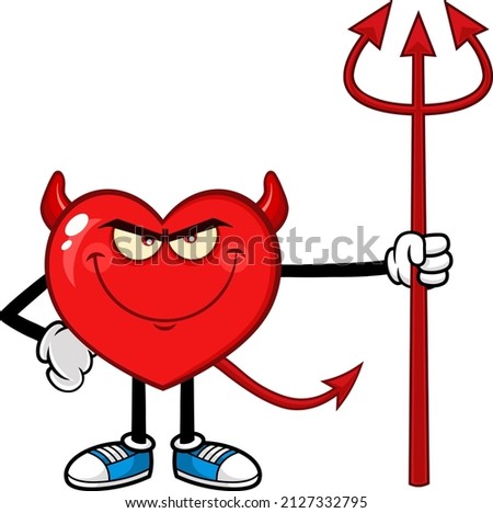 Devil Red Heart Cartoon Character Deviled Fire Cartoon Character Holding А Trident. Raster Hand Drawn Illustration Isolated On White Background Сток-фото © 