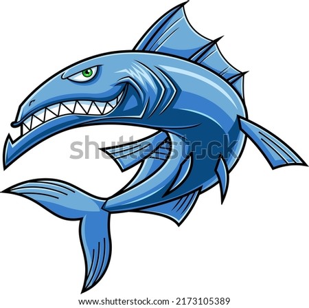 Angry Barracuda Fish Cartoon Character with Sharp Teeth Jumping. Vector Hand Drawn Illustration Isolated On White Background