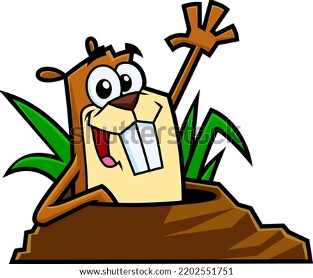 Cute Marmot Cartoon Character Emerging From A Hole And Waving. Vector Hand Drawn Illustration Isolated On Transparent Background