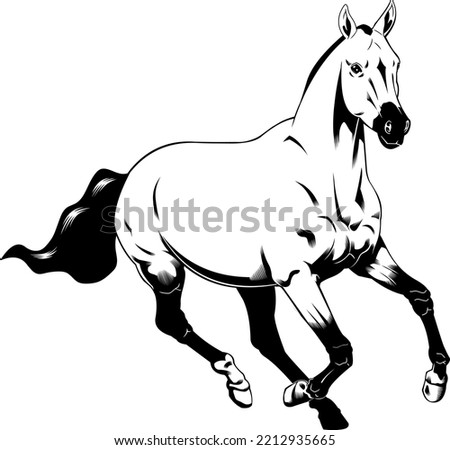 Outlined Beautiful Cartoon Horse Silhouette With Dark Mane Running. Vector Hand Drawn Illustration Isolated On Transparent Background