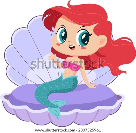 Cute Little Mermaid Girl Cartoon Character In Clam Shell Waving. Vector Illustration Flat Design Isolated On Transparent Background