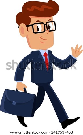 Smiling Businessman Cartoon Character Walking To Work With Briefcase And Waving. Vector Illustration Flat Design Isolated On Transparent Background
