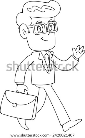 Outlined Smiling Businessman Cartoon Character Walking To Work With Briefcase And Waving. Vector Hand Drawn Illustration Isolated On Transparent Background