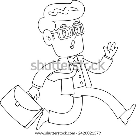 Outlined Businessman Cartoon Character Running With Briefcase And Waving. Vector Hand Drawn Illustration Isolated On Transparent Background