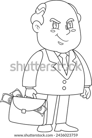 Outlined Smiling Business Boss Man Cartoon Character With Briefcase Full Of Money. Vector Hand Drawn Illustration Isolated On Transparent Background