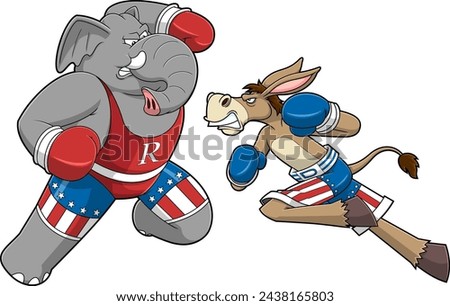 Republican Elephant And Democrat Donkey Cartoon Characters Boxing. Vector Hand Drawn Illustration Isolated On Transparent Background