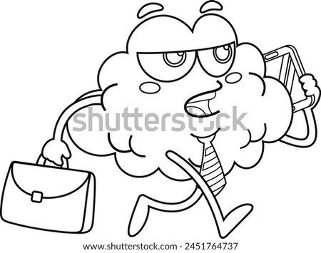 Outlined Business Brain Cartoon Character Go Work With Briefcase Talking On The Phone. Vector Hand Drawn Illustration Isolated On Transparent Background